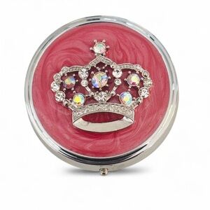 Large Marbleized Pink Enamel with Aurora Borealis Rhinestone Crown Pill Box